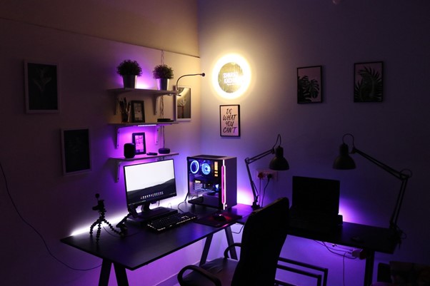 Purple Gaming room with led lights