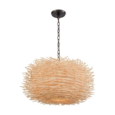 Luminaire suspendu, finition bronze brossé huilé et bâtons de bamboo, 3 X A19