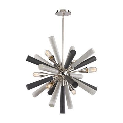 Luminaire suspendu, finition nickel poli et broches en bois gris, 6 X A19