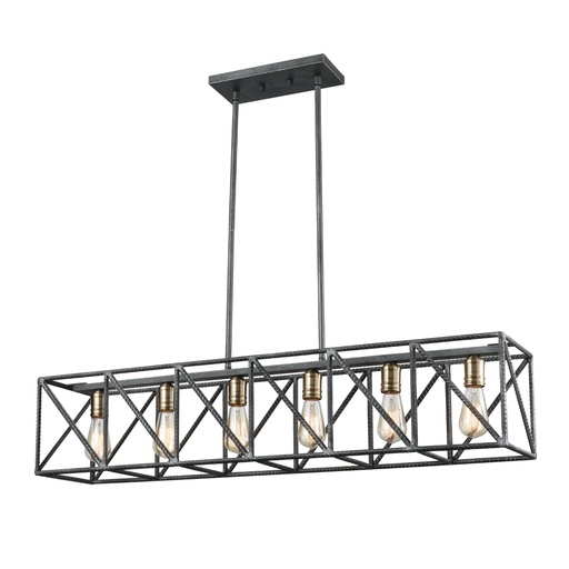 [15254/6] Luminaire suspendu, finition fer argenté et laiton satiné, 6 X A19